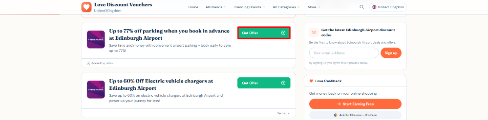 A Edinburgh Airport offer on Love Discount Vouchers