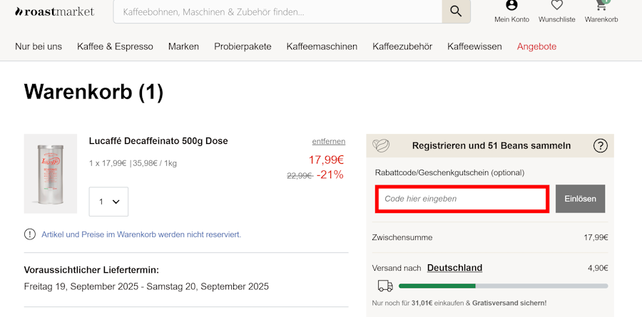 Warenkorb von roastmarket mit einem rotmarkierten Eingabefeld für Gutscheine