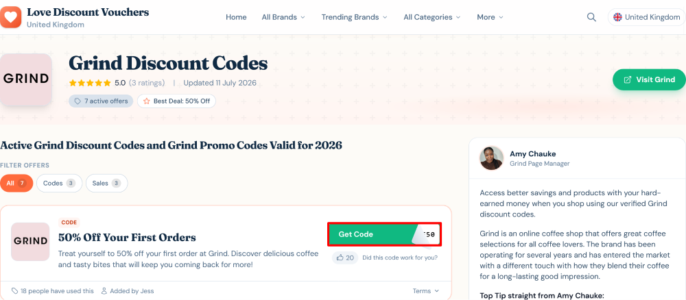 The page where you copy a Grind code