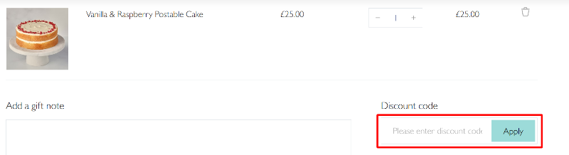 The checkout page showing a highlighted red box where to apply a Fitzbillies voucher code