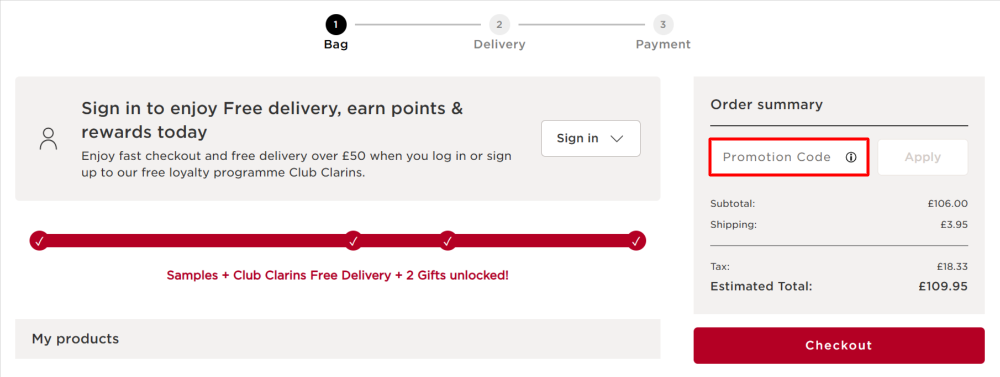The Clarins shopping bag page with where to paste the Clarins voucher code in a red box