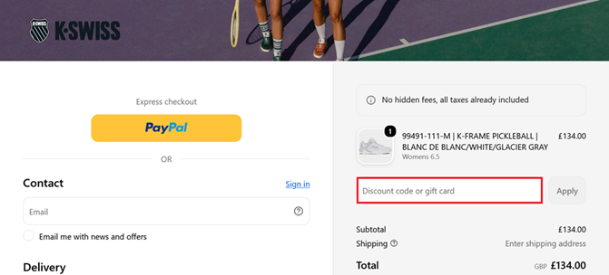 image from the K-Swiss checkout page