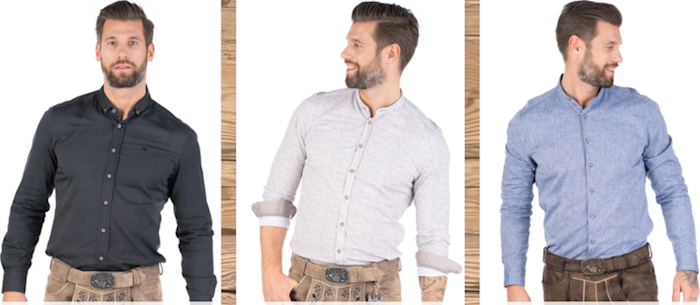 Drei Männer, die jeweils ein anderes Outfit von Alpenwahnsinn tragen