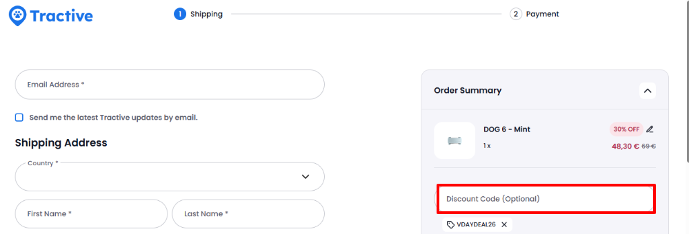 Tractive shipping page where you apply your Tractive discount code to the order