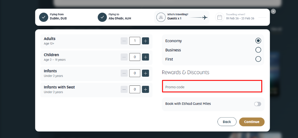 Apply your Etihad Airways discount code to your flight to get a percentage off