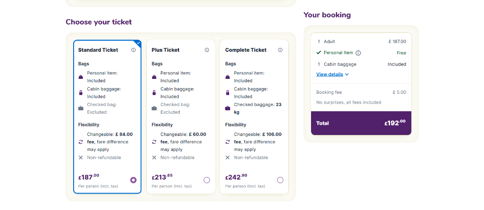 Different flight classes offering different benefits and their prices