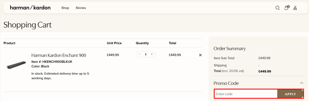 Applying a Harman Kardon promo code at checkout to save money.