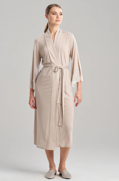 Gift ideas for moms’ first Mother’s Day: A model wearing the Luxe Shangri-la Robe
