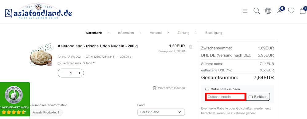 Warenkorb von asiafoodland.de mit rotmarkiertem Eingabefeld für Gutscheincodes