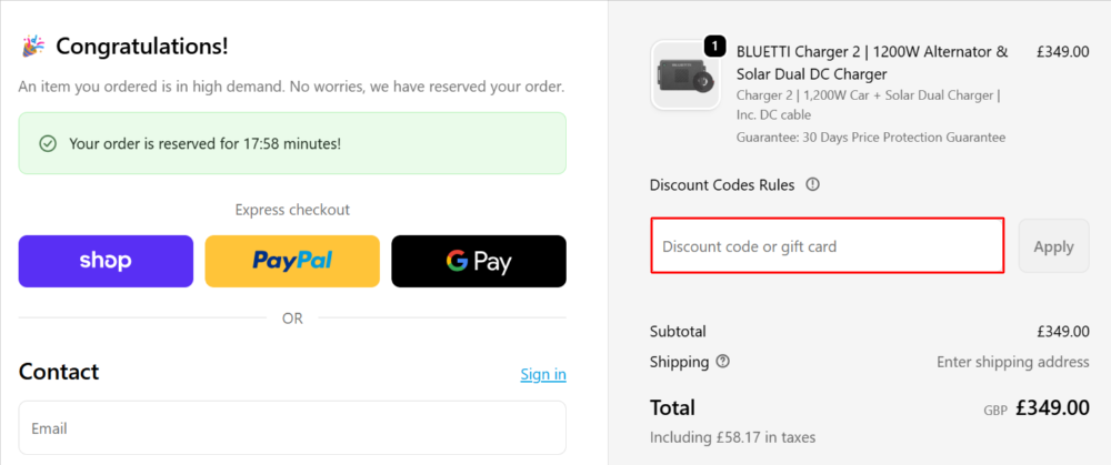 The Bluetti checkout page with where to paste the Bluetti discount code in a red box