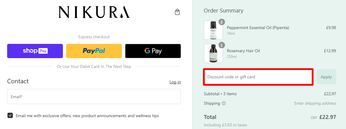 The brand checkout page with where to paste a Nikura discount code highlighted in a red box.