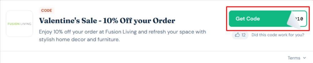 A Fusion Living voucher code with "Get Code" in a red box