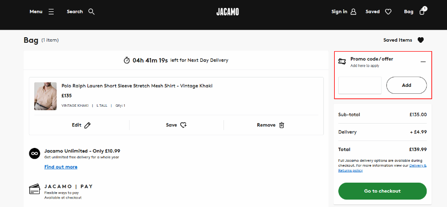 {brand checkout page and wheret o entrer your discount code}