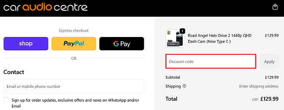 image showing the Discount code box on the Car Audio Centre checkout page
