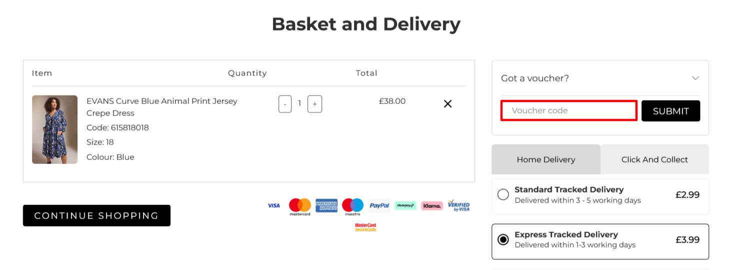 Evans checkout page where to enter your code