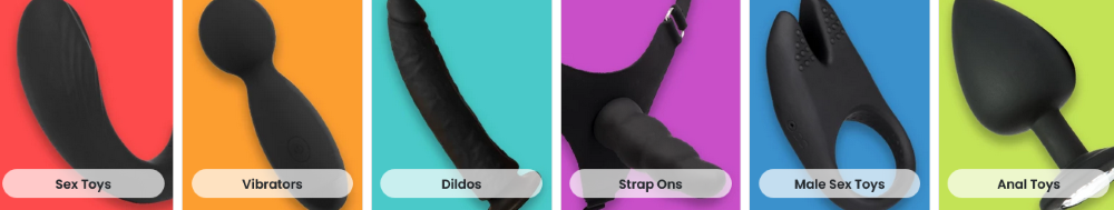 6 Bondara sex toys lined up, black in color all on different colored backgrounds
