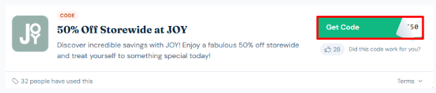 A box will show the JOY discount code to use on your purchase
