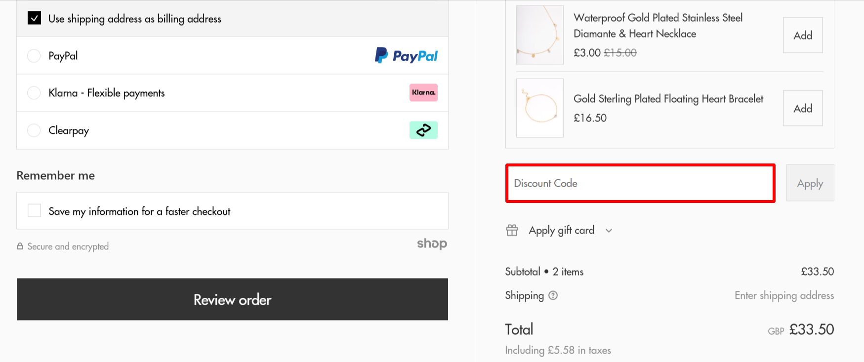 The checkout page showing where to apply your discount code
