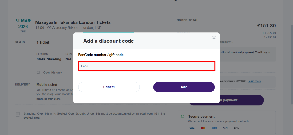 Apply your StubHub discount code to your ticket order