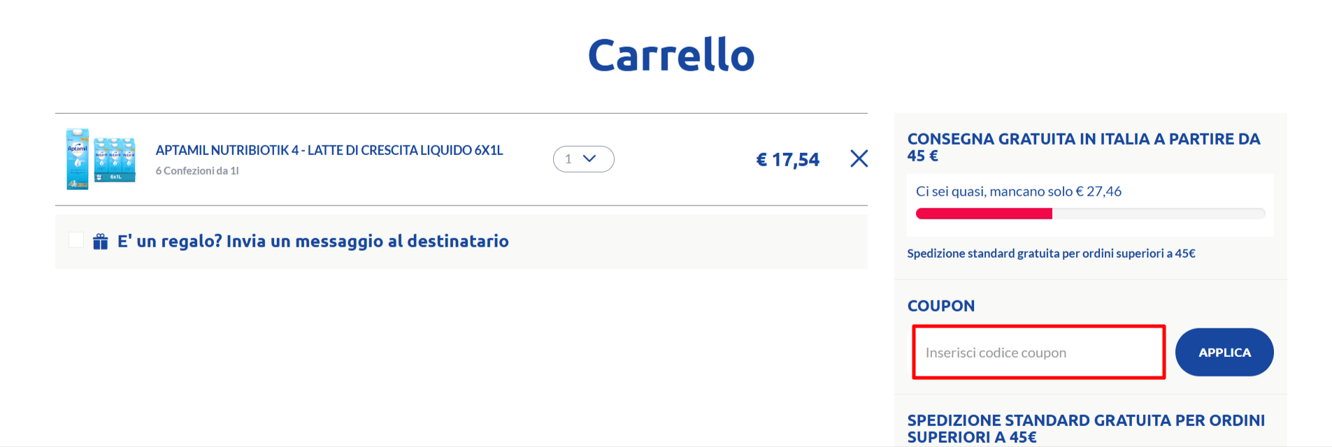 carrello della piattaforma Apta Shop dove poter inserire il codice sconto Apta Shop nell'apposito spazio