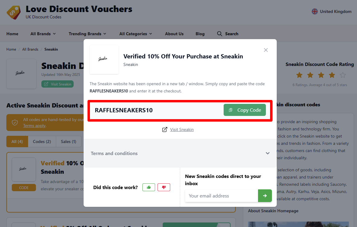 Copy your code and visit Sneakin website to start shopping