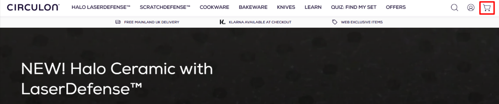 The CIRCULON website and the shopping categories, with the shopping cart highlighted with a red box