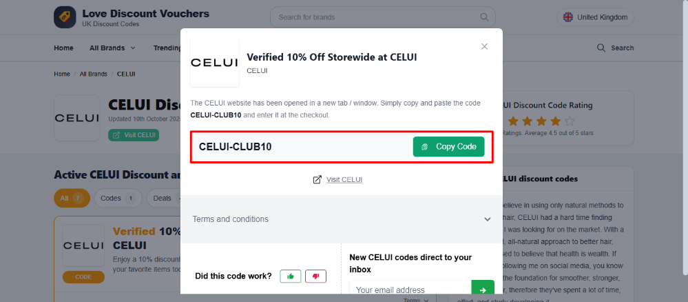 Love Discount Vouchers CELUI discount code highlighted by a red box