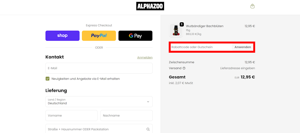 Bestellverlauf von ALPHAZOO mit rotmarkiertem Eingabefeld für Gutscheine