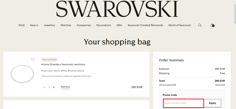 Your shopping bag where you can apply your Swarovski discount code