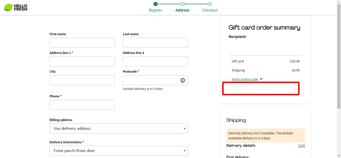 HelloFresh's discount code place highlight by a red box for visibility
