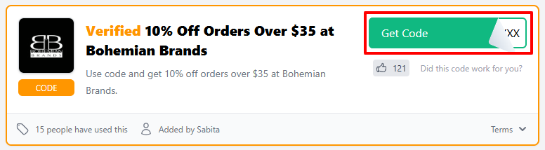 A Bohemian Brands voucher code with "Get Code" in a red box.