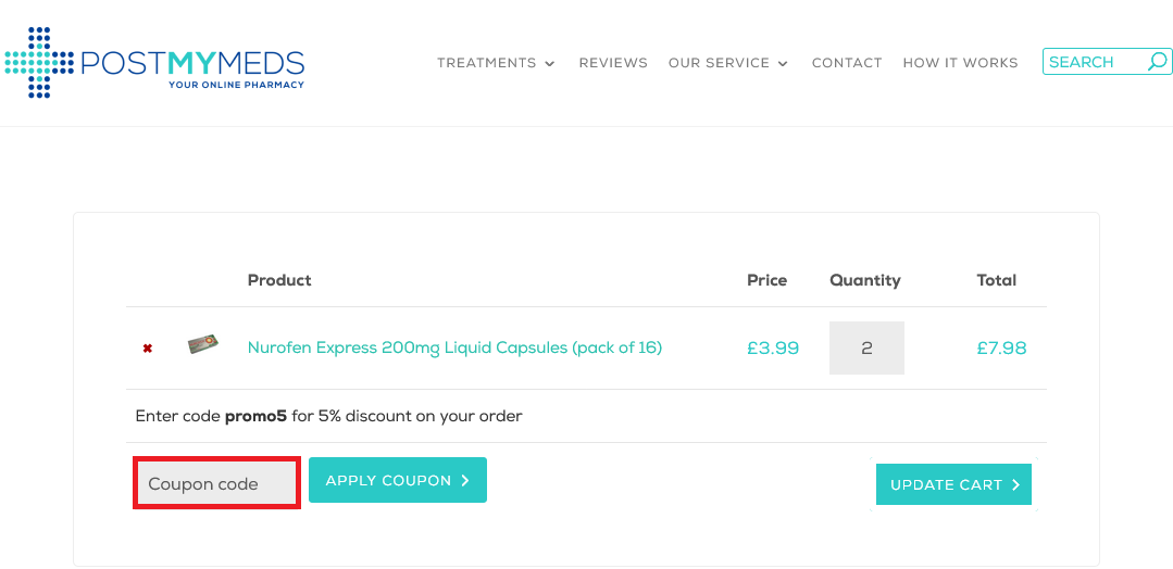 image showing the coupon code box, bordered in red
