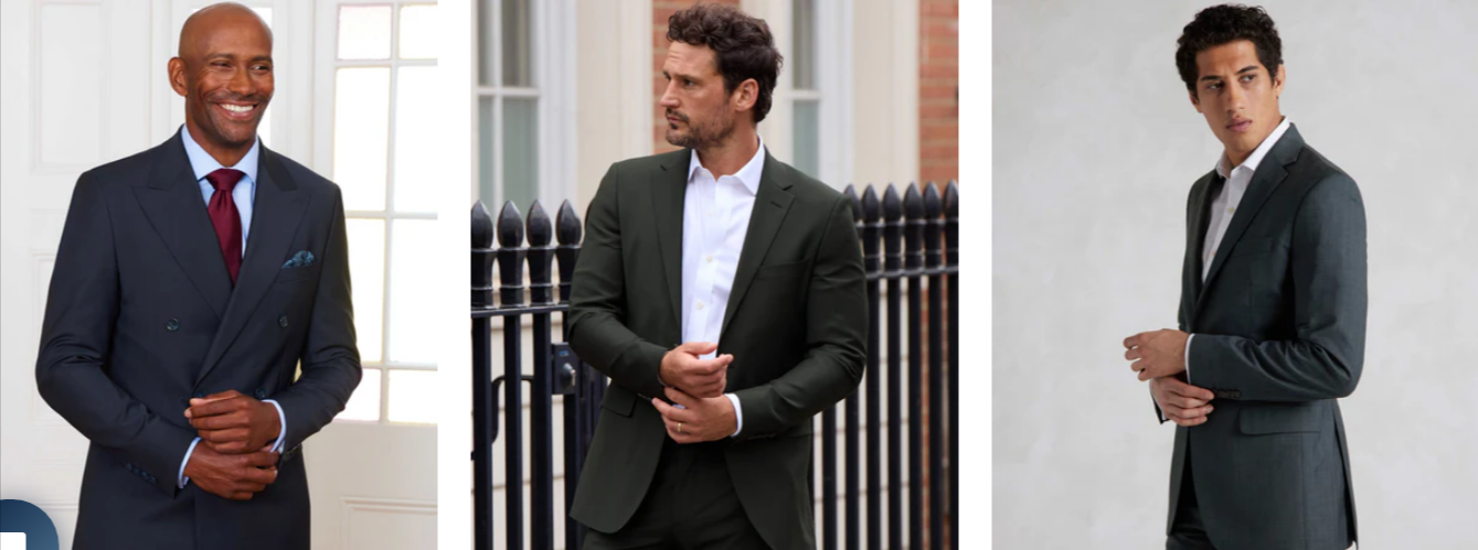 three of the Savile Row Company suits worn by male models posing in different sets