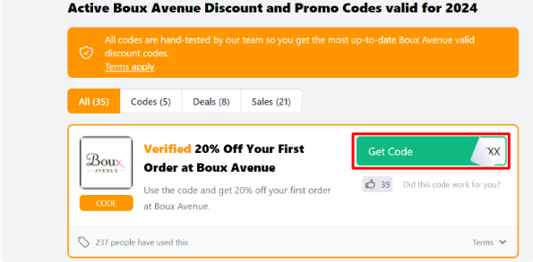 The Love Discount Vouchers page shows all Boux Avenue's verified discount codes to use on your purchase