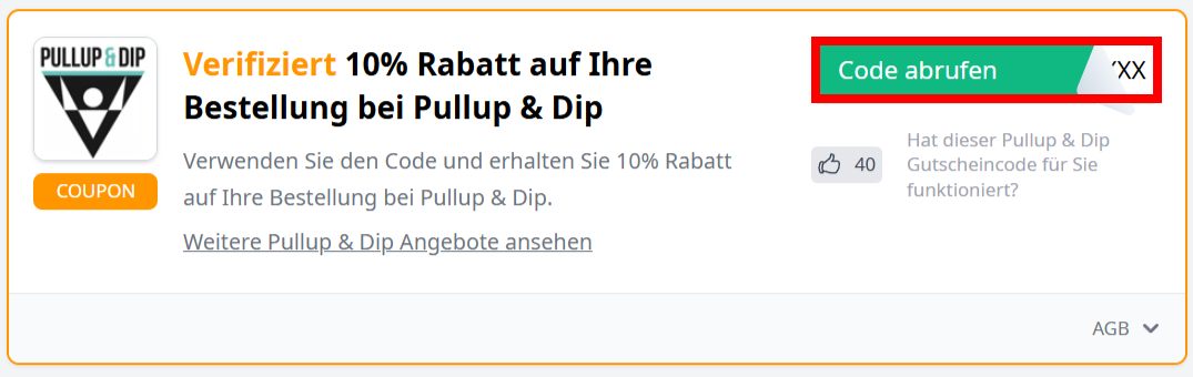 Infos zu einem Pullup & Dip Gutscheincode mit rotmarkiertem Abruf-Button