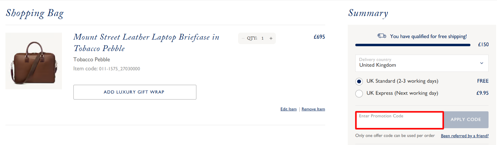 The checkout page showing where to apply your Aspinal of London discount code