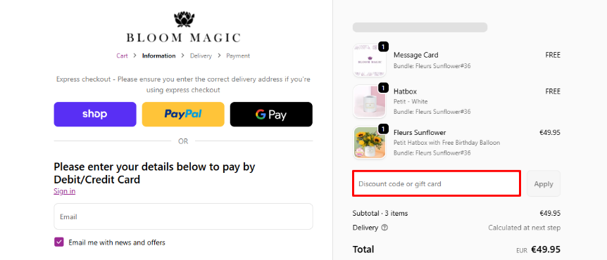 Bloom Magic Flowers promo code box highlighted by a red box