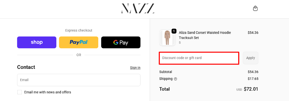 The checkout page for Nazz Collection, where you paste the code
