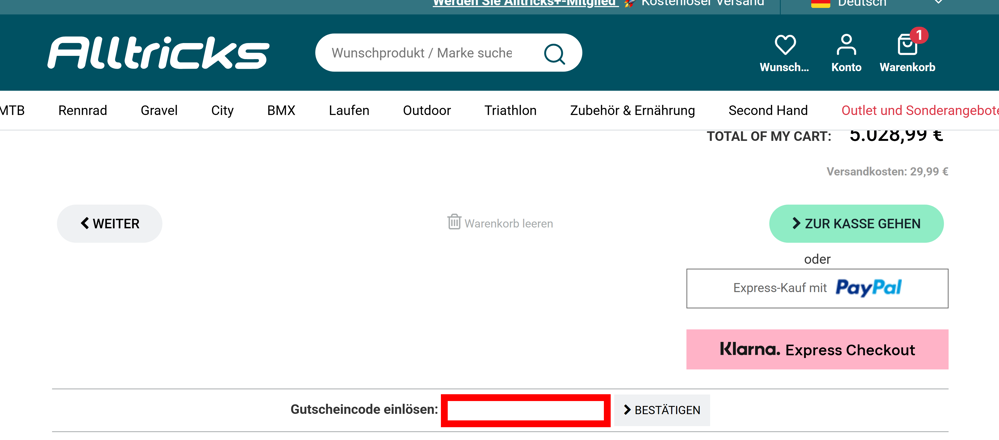 Checkout von Alltricks mit einem rotmarkiertem Eingabefeld für Rabattcodes