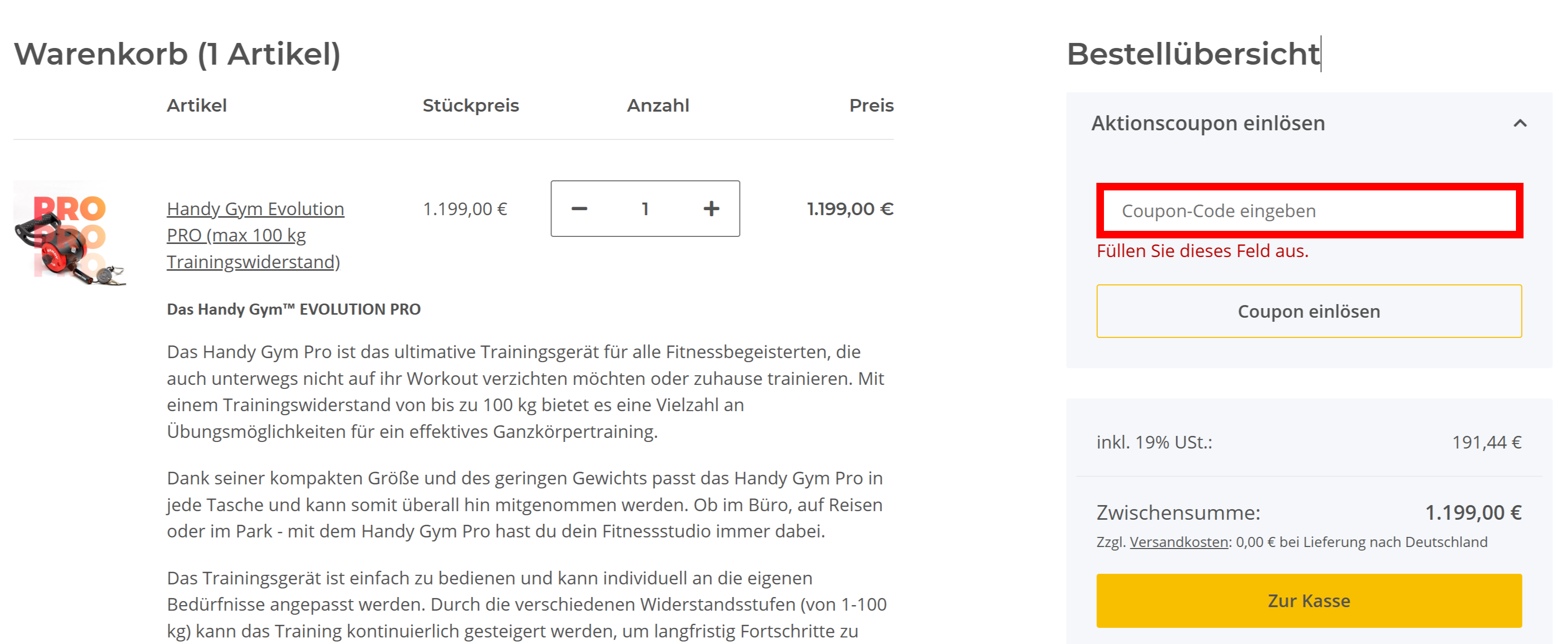 Warenkorb von HANDY GYM mit einem rotmarkiertem Eingabefeld für Gutscheine