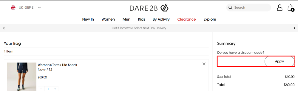 The Dare 2b checkout page, the voucher code, and the order summary