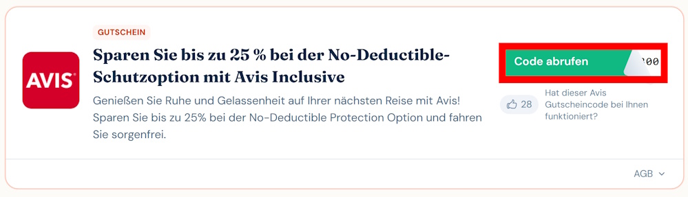 Angaben zu einem Rabattcode für Avis mit rotmarkiertem grünen Button zum Anklicken