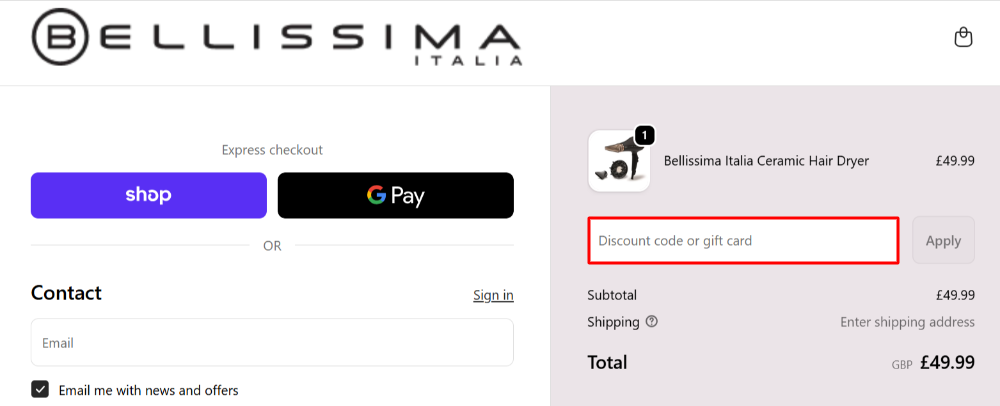 The Bellissima checkout page with where to paste the Bellissima voucher code in a red box