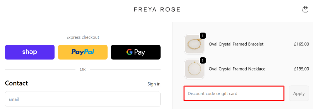 The Freya Rose checkout page with where to paste the Freya Rose voucher code in a red box