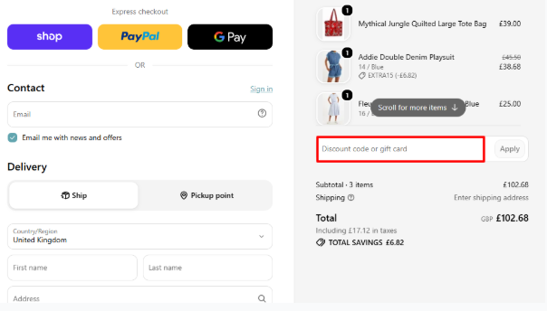 A box where you can add your JOY discount to redeem it