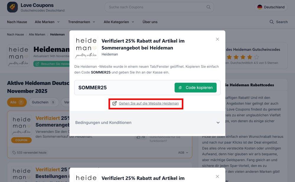 Ein offener Gutschein für Heideman auf der Love Coupons-Seite mit rotmarkiertem Link