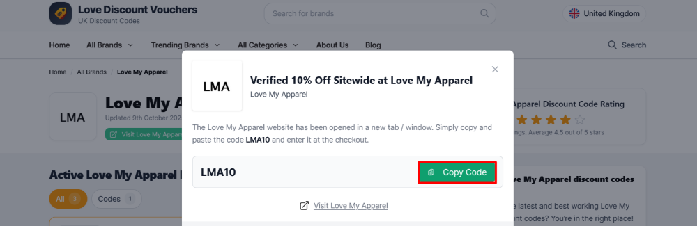 The page where you copy a Love My Apparel code