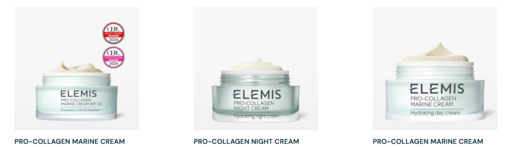 Elemis Pro-Collagen Marine Cream and Night Cream anti-ageing moisturiser jars displayed side by side