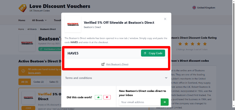 The highlighted red box shows the link to the Beatson's Direct website for shopping.