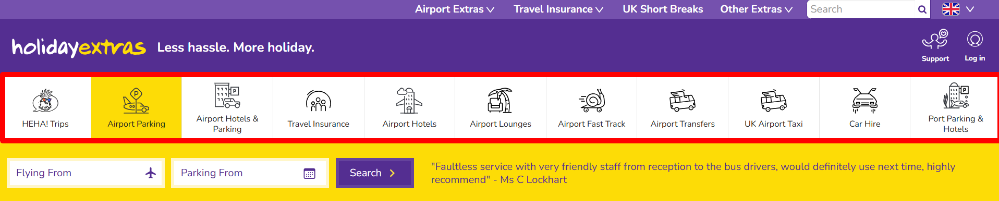 The Holiday Extras website and the search options